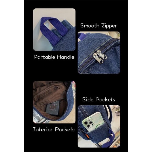 Small Denim Backpack Women Vintage Aesthetic Canvas Daypack Dark Blue - Picture 2 of 9